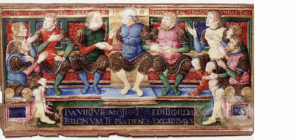 Francesco Sforza a colloquio con i suoi condottieri miniatura