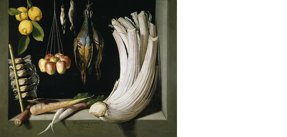 Natura morta con volatili appesi ortaggi e frutta Juan Sanchez Cotan
